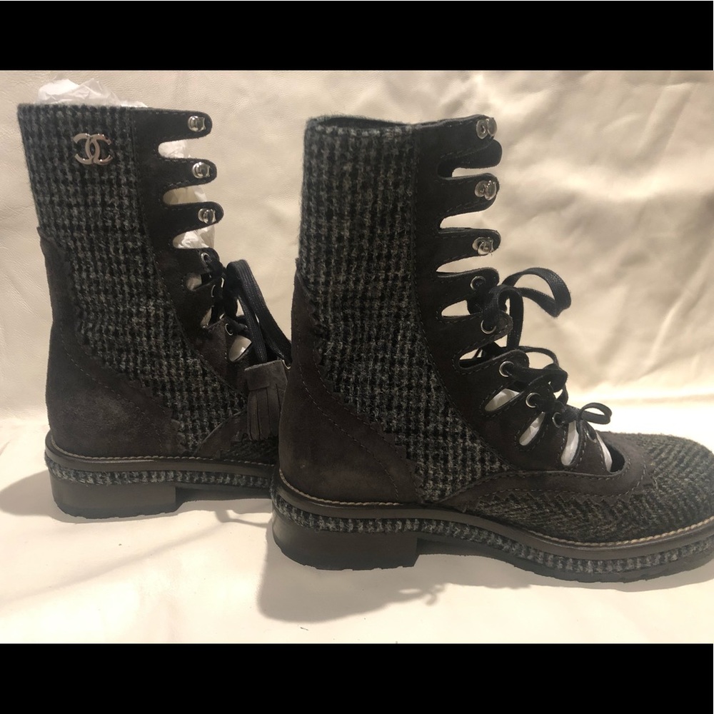 Chanel tweed combat boots tassel suede